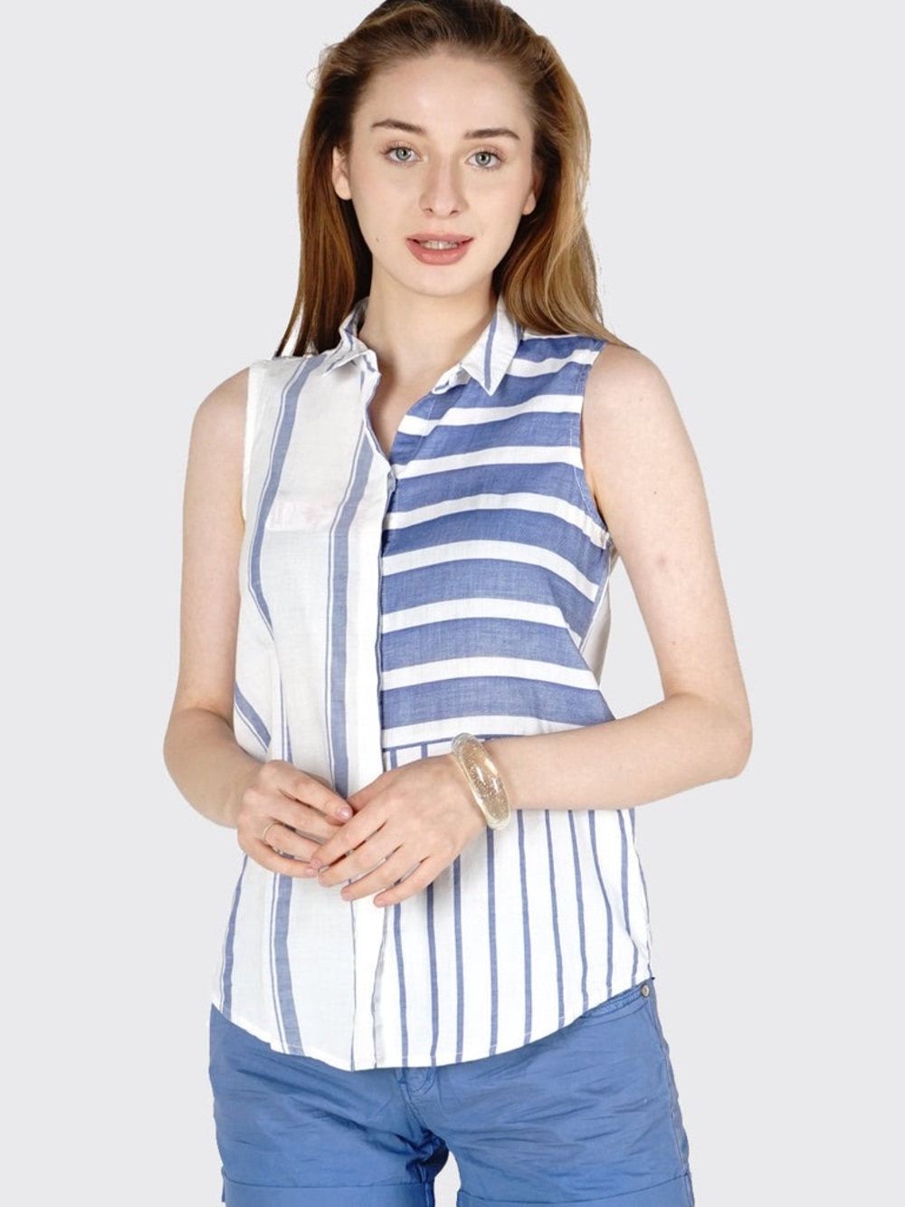 Zara Blue & White Striped Sleeveless Button-Up Top